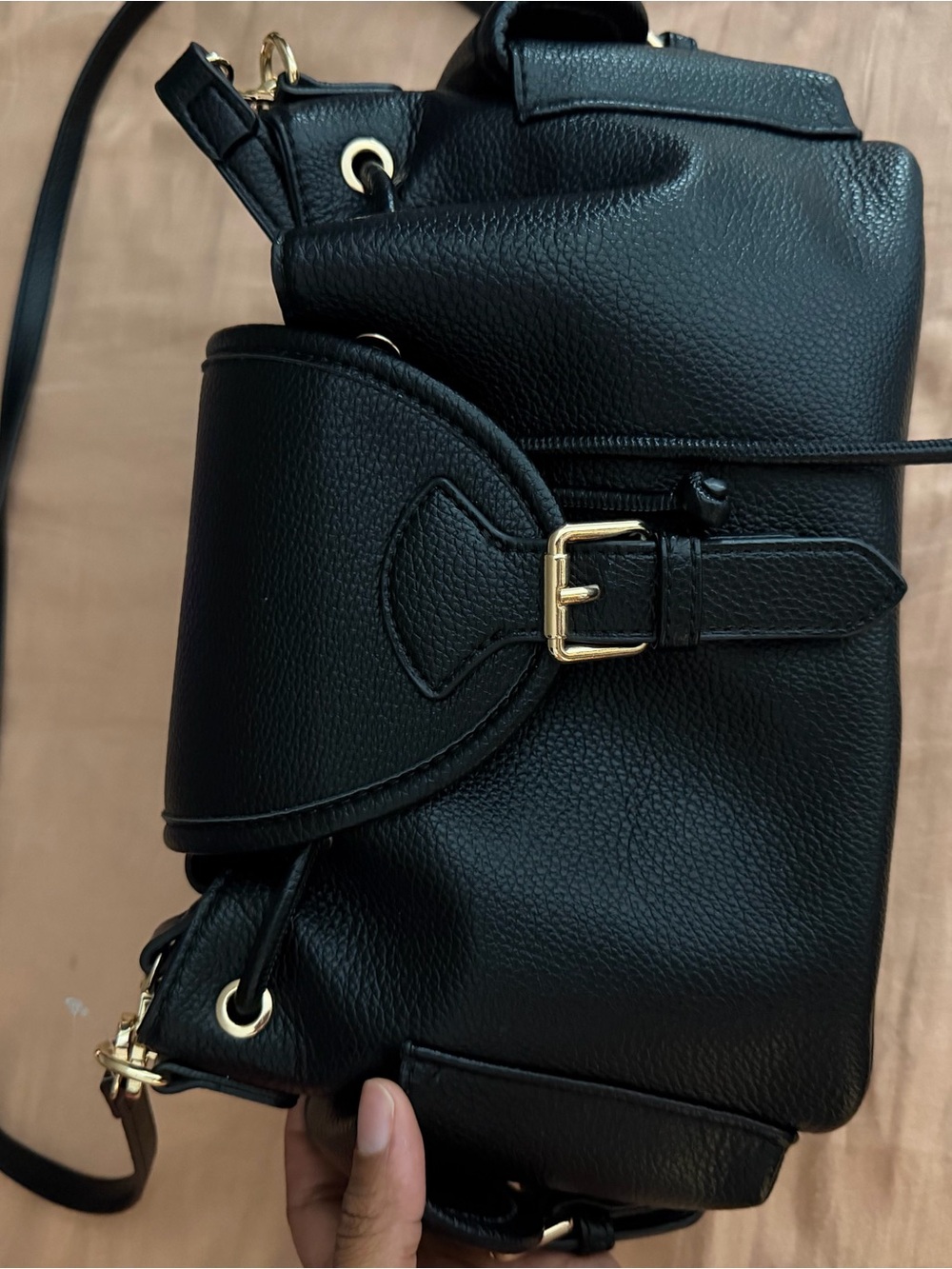 Pebbled Black Leather Crossbody with Gold Buckle